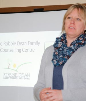 Monique Yashinkie, executive director and founder of the Robbie Dean Family Counselling Centre, spoke to the group about the services the centre provides.